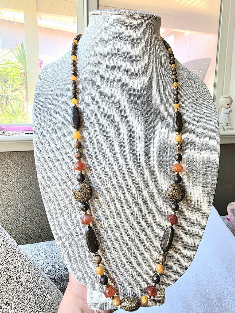 Vintage Handcrafted Stone Statement Necklace 36” Rope